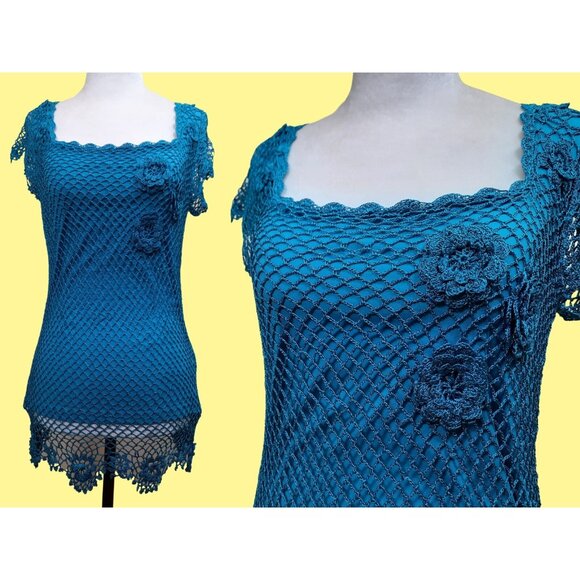Y2K Crochet Top 3D Flowers Turquoise Blue Size M Boho Fairy - Picture 2 of 9